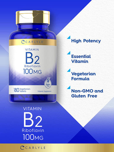Carlyle Vitamin B2 100mg | 180 Tablets | Vegetarian, Non-GMO, Gluten Free | Vitamin B2 Riboflavin