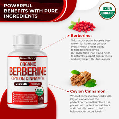 DECENT NATURE Organic Berberine with Ceylon Cinnamon 2175mg Premium berberine supplement high purity extract USDA Organic support immune system Berberine Plus Complex Non GMO Vegan for Men Women 90 Capsules