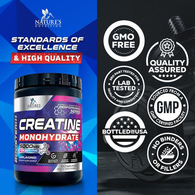 Nature'S Nutrition Micronized Creatine Monohydrate Powder - Unflavored Creatine Powder 5000mg Per Serv (5g) Amino Acid Supplement Supports Muscle Building & ATP Cellular Energy - Keto Friendly - 60 Servings