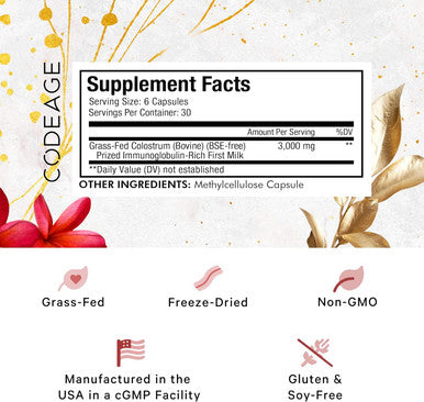 Codeage Colostrum Supplement Grass-Fed Colostrum - Prized First Milk - Grass-Finished ze-Dried - Cow Colostrum - Vitamins Immunoglobulins Growth Factors - Non-GMO Gluten- - 180 Capsules
