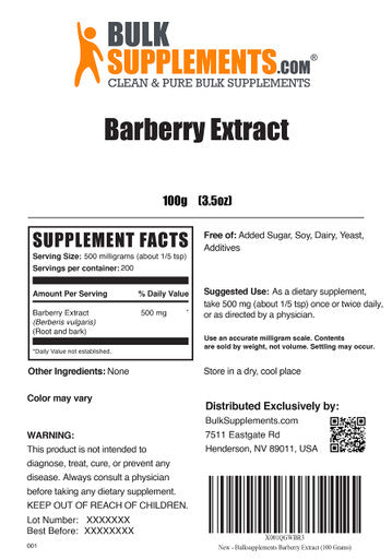 BulkSupplements Barberry Extract Powder - Berberine Supplement, from Barberry Root & Bark - Soy Free - 500mg , 200 Servings (100 Grams - 3.5 oz)
