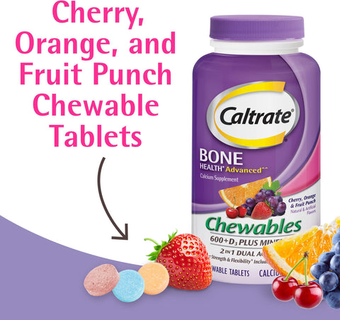 Caltrate Chewables 600 +D3 Plus Minerals Calcium and Vitamin D Sugar Free Cherry Orange and Fruit Punch 60 Count