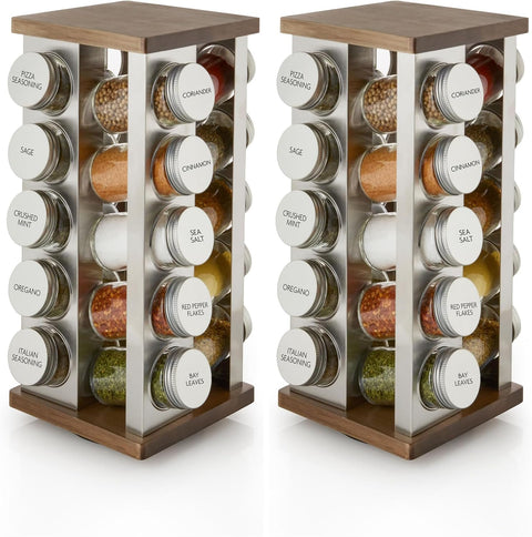 Kamenstein 20 Jar Revolving Countertop Spice Rack with Spices Included, FREE Spice Refills for 5 Years, Polished Stainless Steel with Black Caps, 30020