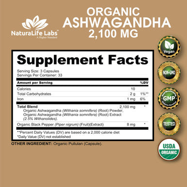 NaturaLife Labs Organic Ashwagandha 2,100 mg 100 Veggie Capsules Pure Organic Ashwagandha Powder and Root Extract Stress Relief Mood Enhancer