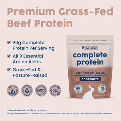 NativePath Complete Beef Protein Powder Isolate ÃƒÂ¢Ã¢â€šÂ¬Ã¢â‚¬Å“ Grass-Fed Pasture-Raised Dairy & Lactose Free Gluten Free Zero Sugar MCTs & Amino Acids ÃƒÂ¢Ã¢â€šÂ¬Ã¢â‚¬Å“ 20g Protein Chocolate Flavor 30 Servings