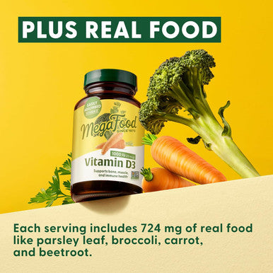 Megafood Vitamin D3 1000 Iu (25 Mcg) - Vitamin D Supplements With Real Food, Immune Support, Supports Bones, Teeth & Muscles, Vegetarian, Gluten-Free, Non-Gmo, Kosher 90 Tablets, 90 Servings