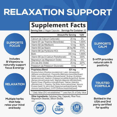 Nature'S Nutrition Natural Unwind Calm & Relax Support with Ashwagandha GABA Magnesium 5-HTP L-Theanine & B Vitamins Natural Focus Energy & Immune Support - Nature's Non-GMO Vegan Gluten - 120 Capsules