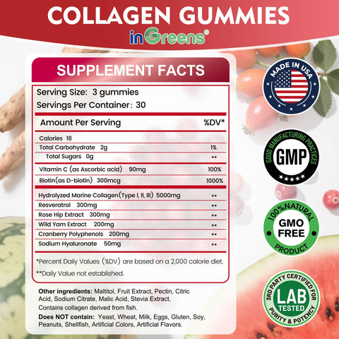 Ingreens Collagen Peptides Gummies For Women - 5000Mg Hydrolyzed Marine Collagen Sugar Free With Type IIiIii & Biotin 90 Count