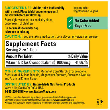 Nature Made Vitamin B12 1000 Mcg Easy To Take Sublingual B12 For Energy Metabolism Support 150 Sugar Free Fast Dissolve Tablets 150 Day Supply