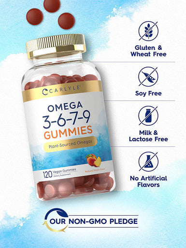 Carlyle Omega 3 6 7 9 Gummies | 120 Count | Vegan Plant Sourced Supplement | Peach Flavor