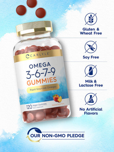 Carlyle Omega 3 6 7 9 Gummies | 120 Count | Vegan Plant Sourced Supplement | Peach Flavor