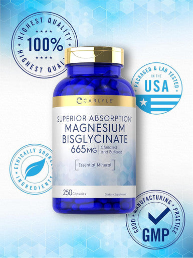 Carlyle Buffered Magnesium Bisglycinate 665 mg | 250 Capsules | Chelated Essential Mineral | Non-GMO and Gluten Supplement