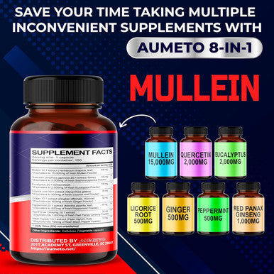 Aumeto Mullein Supplement - Enhanced Formula with Quercetin Licorice for Lung Detox Respiratory and Immune System Support (150 count (pack of 1))