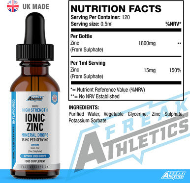Ionic Zinc Liquid Drops - 60ml Glass Bottle - 120 Servings - High Strength 15mg - Boosts Metabolism & Supports Healthy Immune System