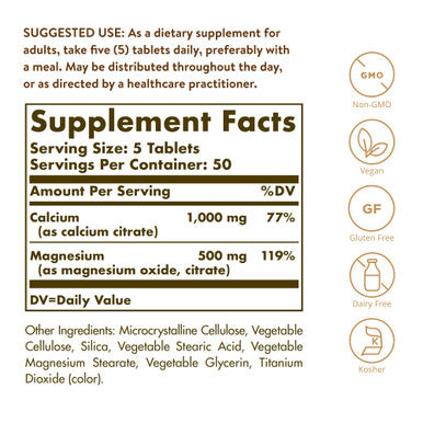Solgar Calcium Magnesium Citrate 250 Tablets - Supports Healthy Bones & Teeth - Musculoskeletal & Nervous System Support - Highly Absorbable - Non-Gmo Vegan Gluten Free Dairy Free - 50 Servings