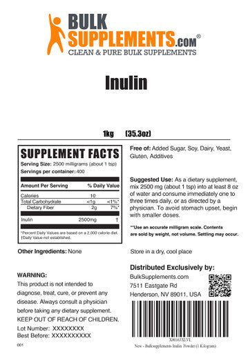 BulkSupplements Inulin Powder - Fiber Supplement - Fiber Powder Unflavored Supplement - Prebiotic Fiber Powder - Soluble Fiber Powder - Gut Health Supplements (1 Kilogram - 2.2 lbs)