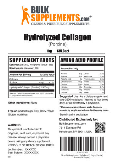 BulkSupplements Porcine Collagen Powder - Hydrolyzed Collagen Powder, Collagen Supplement - 2500mg of Porcine Collagen Peptides - Collagen Protein Powder (1 Kilogram - 2.2 lbs)
