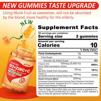Sugar Vitamin C + D3 + Zinc Gummies For Adults 50 +, 9 In 1 Immune Defense Supplement With D3 5000Iu, Elderberry, Echinacea, Mullein Leaf For Boost Immunity, Power Antioxidant, Vegan (Pack Of 2)
