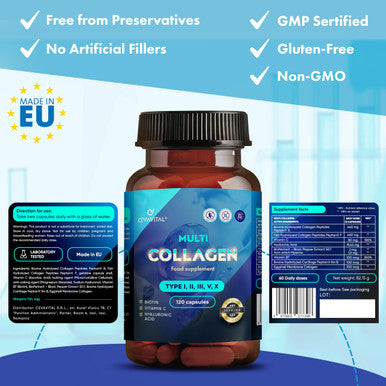 CEVAVITAL Multi Collagen Capsules for Women Men Type I II III V & X Hydrolyzed Collagen Peptides with Vitamin C and Hyaluronic Acid Bovine and Marine Collagen Supplement 120 Capsules