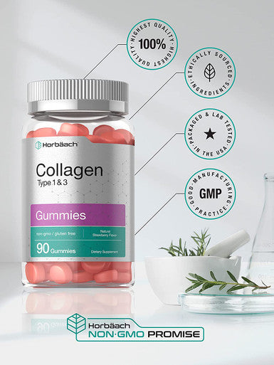 Collagen Gummies | 90 Count | Strawberry Flavored Gummy | Hydrolyzed Collagen Type 1 and 3 | Non-GMO, Gluten Free | by Horbaach
