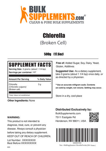 BulkSupplements Chlorella Powder - Superfood Supplement for Immune Support, Broken Cell Wall - Vegan, Powder - 3g s, 167 Servings (500 Grams - 1.1 lbs)