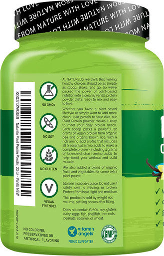 NATURELO Plant Protein Powder, Vanilla, 22g Protein - Non-GMO, Vegan, No Gluten, Dairy, or Soy - No Artificial Flavors, Synthetic Coloring, Preservatives, or Additives - 20 Servings