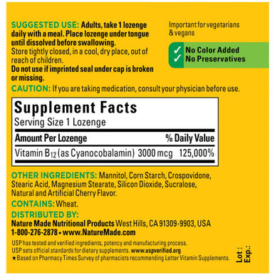 Nature Made Sublingual Vitamin B12 3000 Mcg Micro-Lozenges 40 Count