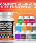 Panax Ginseng 10000mg Ginkgo Biloba 4000mg Ashwagan Maca Root 3000mg - Focus Pills & Brain Supplement for Women and Men with Pine Bark Extract, Garlic, and Saw Palmetto - 60 Caps