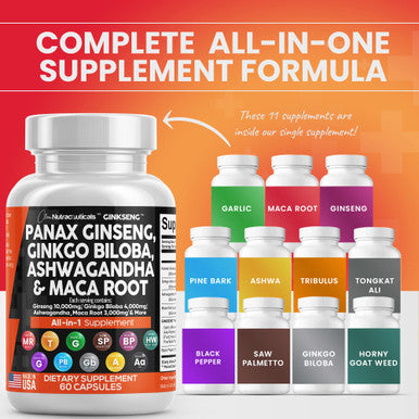 Panax Ginseng 10000mg Ginkgo Biloba 4000mg Ashwagan Maca Root 3000mg - Focus Pills & Brain Supplement for Women and Men with Pine Bark Extract, Garlic, and Saw Palmetto - 60 Caps