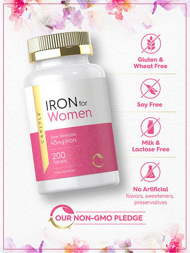 Iron Supplement for Women 45mg | 200 Tablets | Vegetarian, Non-GMO, Gluten Free, Slow Release Pills | by Carlyle