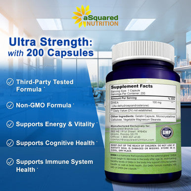 DHEA (100mg Max Strength, 200 Capsules) to Promote Balanced Hormone Levels for Women & Men - DHEA Supplement Pills to Support Healthy Metabolism, Libio, Brain, Immune Function & Pure Energy