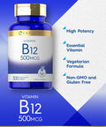 Carlyle Vitamin B-12 500mcg | 300 Tablets | Vegetarian Non-GMO Gluten Supplement