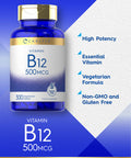 Carlyle Vitamin B-12 500Mcg | 300 Tablets | Vegetarian, Non-Gmo, Gluten Free Supplement