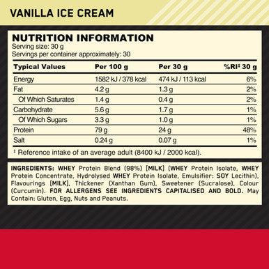 Optimum Nutrition Gold Standard 100% Whey Muscle Building And Recovery Protein Powder With Naturally Occurring Glutamine And Bcaa Amino Acids Vanilla Ice Cream Flavour 30 Servings 900 G