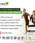 Renew Actives Psyllium Husk Capsules - Bulk-Forming Laxative - Soluble Fiber Supplement For Adult Health & Well-Being - Pure Ingredients, 120 Capsules