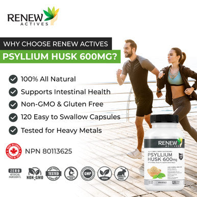 Renew Actives Psyllium Husk Capsules - Bulk-Forming Laxative - Soluble Fiber Supplement For Adult Health & Well-Being - Pure Ingredients, 120 Capsules