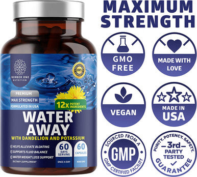 N1 Nutrition Premium Water Away Pills Natural Diuretic Enhanced with Dandelion Leaf Extract Potassium for Water Retention Bloating Swelling Relief NonGMO 60 Caps