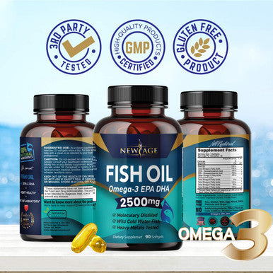 Omega 3 Fish Oil 2500mg Supplement by New Age ÃƒÂ¢Ã¢â€šÂ¬Ã¢â‚¬Å“ Immune & Heart Support ÃƒÂ¢Ã¢â€šÂ¬Ã¢â‚¬Å“ Promotes Joint, Eye, Brain & Skin Health - Non GMO 90 Softgels - EPA, DHA Fatty Acids Gluten Free