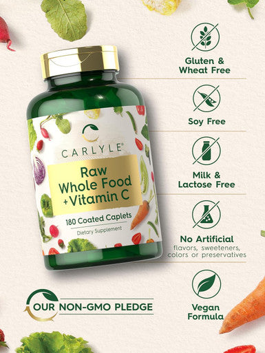 Carlyle Raw Whole Foods VIT C | 180 Coated Caplets | Dietary Supplement | Vegan Non-GMO & Gluten