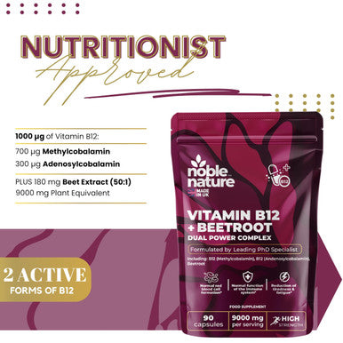 NobleNature Beetroot & Vitamin B12 Complex ÃƒÂ¢Ã¢â€šÂ¬Ã¢â‚¬Å“ 9000mg Beetroot + 1000mcg Dual B12 (Methylcobalamin & Adenosylcobalamin) ÃƒÂ¢Ã¢â€šÂ¬Ã¢â‚¬Å“ Energy & Immune Support ÃƒÂ¢Ã¢â€šÂ¬Ã¢â‚¬Å“ 90 Capsules ÃƒÂ¢Ã¢â€šÂ¬Ã¢â‚¬Å“ UK Made (90)