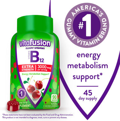 Vitafusion Extra Strength Vitamin B12 Gummy Vitamins For Energy Metabolism Support And Nervous System Health Support, Cherry Flavored, America'S Number 1 Brand, 45 Day Supply, 90 Count
