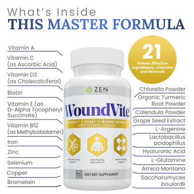 Zen Nutrients WoundVite Pre & Post Surgery Support Scar & Wound Care Scar Treatment Plastic & General Surgery Heal Faster & Aids in Recovery Time w/ Bromelain Turmeric & Arnica - 60 Vegan Caps
