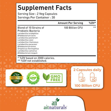 Aitnaturals Probiotic 10-100 Billion (60 veg Capsules) | Support Intestinal & Digestive Balance Ideal Immune System Bowel regularity function Promotes Healthy Skin Optimize mental Health | Non-GMO