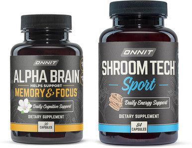 Onnit Premium Alpha Brain Bundle - Nootropic Brain Supplement (30 Count) for Focus Concentration & Memory + Shroom Tech Sport for Exercise Energy & Cardiovascular Performance (84 Count)