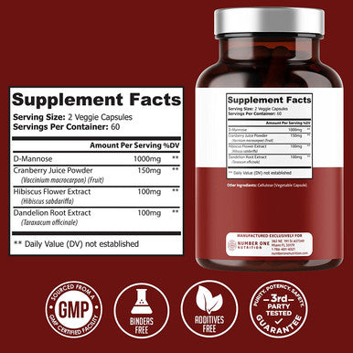 2Pack N1N Premium D Mannose with Cranberry and Dandelion Max Strength 1350mg Supports Urinary Tract Health Flush Impurities and Bladder Health Support 240 Veg Caps