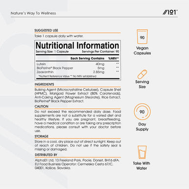 Lutein & Zeaxanthin with BioPerineAÃƒâ€šÃ‚Â® - Natural Carotenoids from Marigold Extract - 40mg Lutein 2.85mg Zeaxanthin - Non GMO, Halal - 90 Vegan Capsules