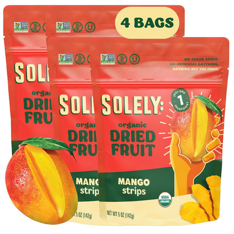 SOLELY - Organic Dried Mango Strips (5 oz Resealable Bags, Pack of 6) - Real Fresh Fruit - 1 Ingredient - Healthy Snacks for Adults & Kids - Non GMO, Vegan Snacks, Shelf Stable - 6 Bags (30 oz)