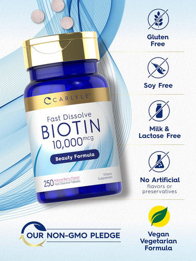 Carlyle Biotin 10000mcg | 250 Fast Dissolve Tablets | Max Strength | Vegetarian Non-GMO Gluten Supplement