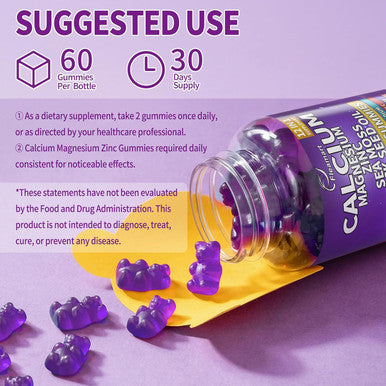 Calcium Magnesium Zinc Supplement Gummies Sugar For Women And Men Calcium Gummies Supplement Bone & Immune Support Made In Usa 60 Counts Blueberry Flavor