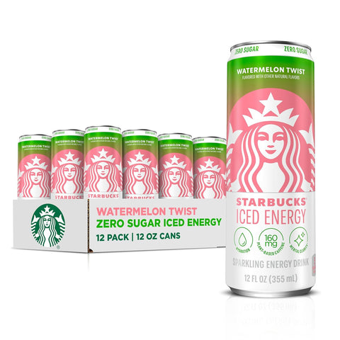 Starbucks Iced Energy Drink, 3 Flavor Variety Pack (Tropical Peach, Watermelon Splash, Blueberry Lemonade), Zero Sugar Energy Drink, Plant Based Caffeine, Hydration, Mental Clarity, 12x12 Fl Oz Cans